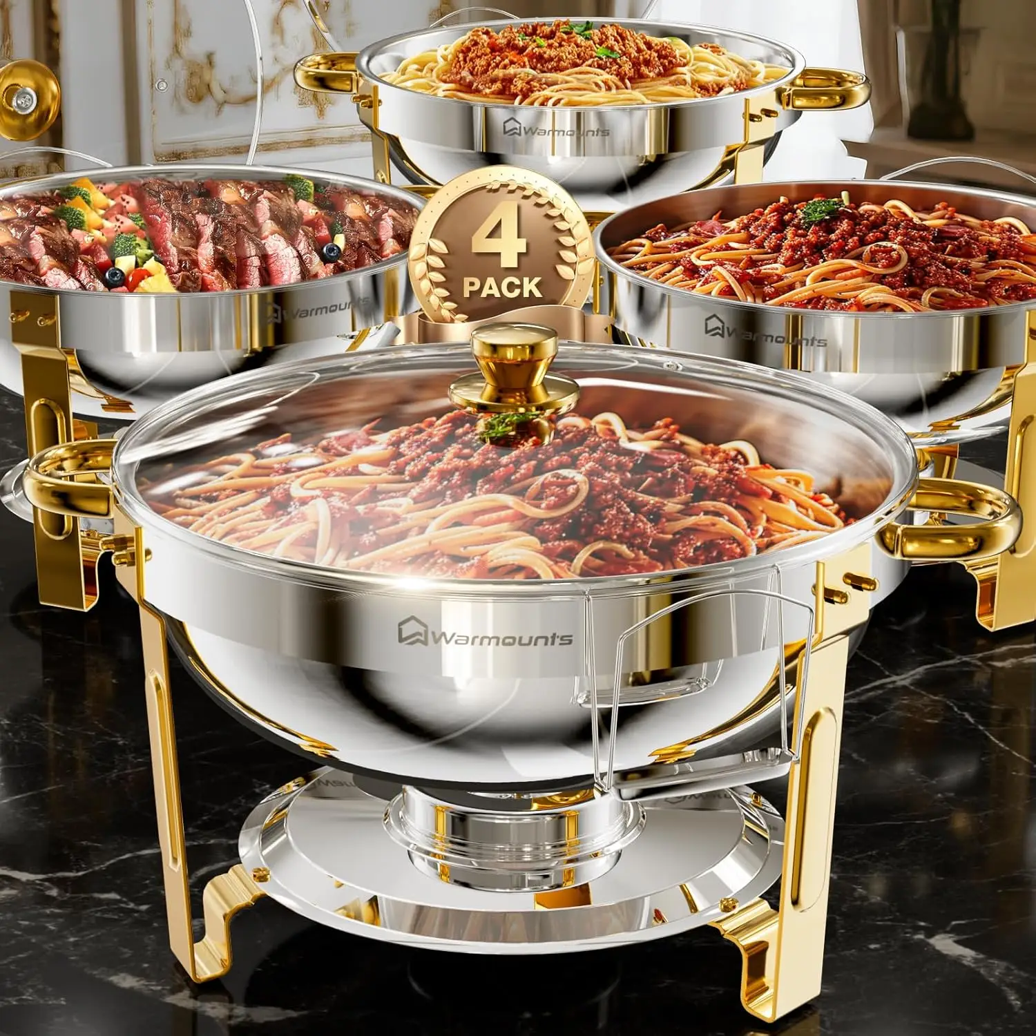 WARMOUNTS Chafing Dish Buffet Set, Glass Lid 5QT 4 Pack Gold Accent Stainless Steel Chafers and Buffet Warmers Sets with Lid & Lid Holder for Parties