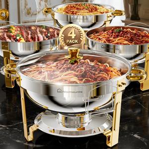 dealsforyou WARMOUNTS 5QT Chafing Dish Buffet Set, Glass Lid /Stainless steel lid 2/4/6 Pack Gold Accent Stainless Steel Chafers and Buffet Warmers Sets with Lid & Lid Holder for Parties Catering Events Weddings Banquets
