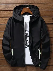Men's Regular Fit Solid Color Windproof Hooded Jacket, Casual Breathable Sun Protection Jacket for Outdoor Cycling, Men's Zipper Outerwear for Summer, Menswear