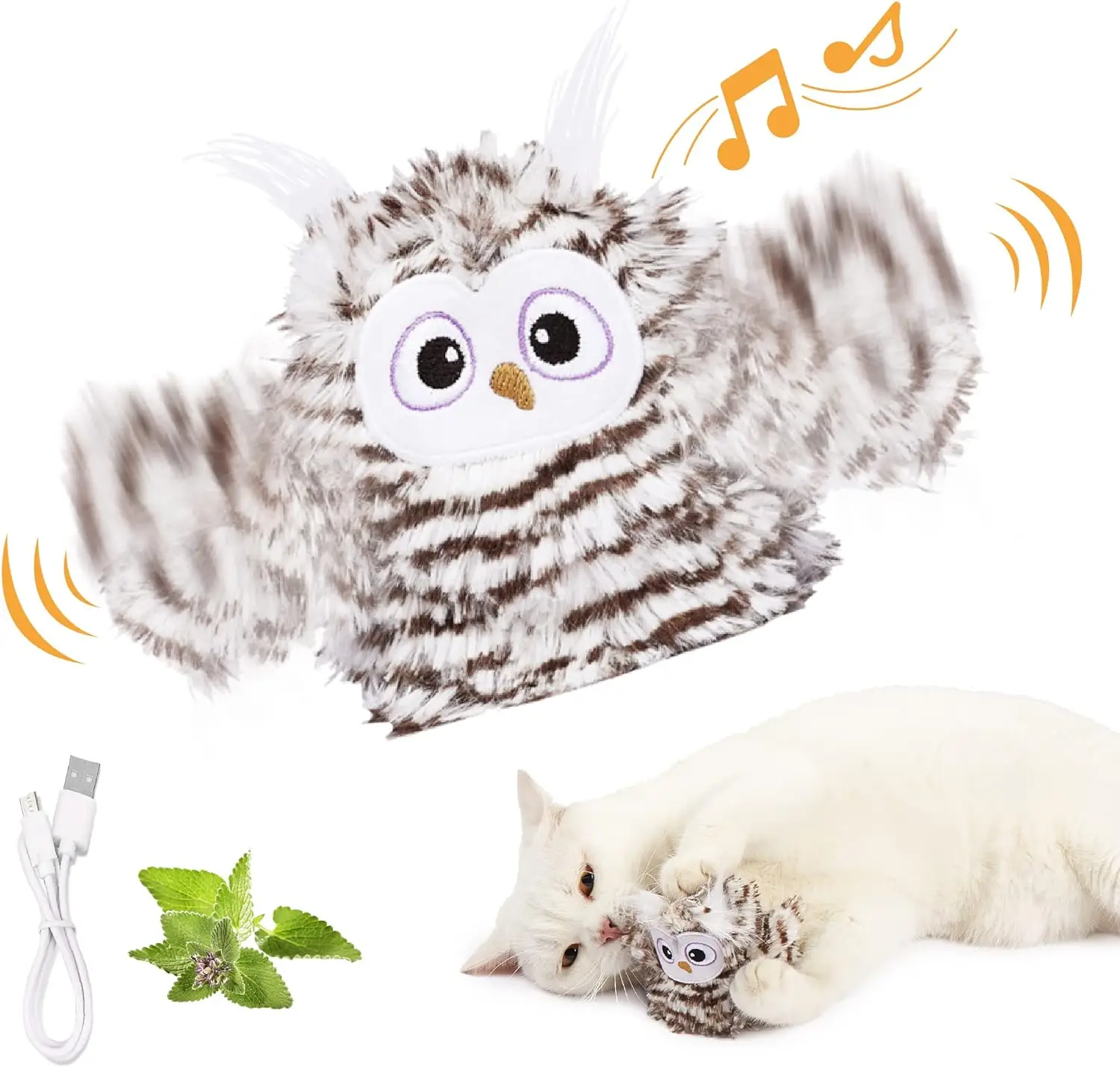 Interactive Cat Toy Rechargeable Automatic Chirping Owl Cat Toy , Auto Beating Wings Flying Bird Cat Toys for Indoor Cats to Play Alone, Never Boredom