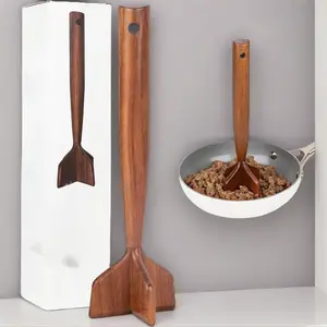 Household Essentials 10.5-Inch Durable Wood Teak Meat Chopper, Multi-Functional Kitchen Utensil for Ground Beef Chopping, Hamburger Smashing, Potato Mashing & Chicken Shredding, Home Supplies Cooking Gadget Cooked Meat Shredder