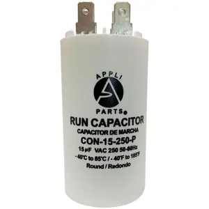 Appli Parts Run Capacitor for electric motors 15 Mfd uF (microfarads) 250VAC Plastic Case with terminals CBB60 Round Universal fit water pumps and others 3 in High 1-3/8 in Wide CON-15-250-P