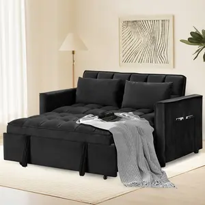 3-in-1 Convertible Bedroom Sofa Bed, Modern Velvet Double Sofa Futon, Extendable Bed with Adjustable Backrest, Storage Bag and Pillow, Suitable for Living Room, Bedroom