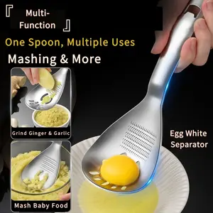 Stainless Steel Multi-Function Grating Spoon Garlic Mincer Ginger Grinder Baby Food Masher Slotted Spoon for Kitchen