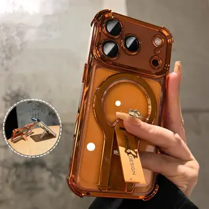 Suitable for IP17promax phone case, electroplated four-corner anti-drop metal folding magnetic stand for IP16/15/14/13