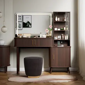 【Deals for You Days】DHH 51" Fluted Makeup Vanity Desk with 3-Color Lighted Mirror, Mid-Century Modern Clear Glass Top Dressing Table with Charging Station, Sliding Door & Push-to-Open Cabinet