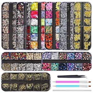Nail Art Decoration Multi-Pack Kit - 9 Boxes of Rhinestones, Glitter Gems, Diamonds, Studs, Crystals, Sequins, 1 Tweezer & 3 Pens for Beauty Nail Care Accessories
