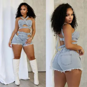 Trendy Denim Crop Top & Cut Out Shorts Set