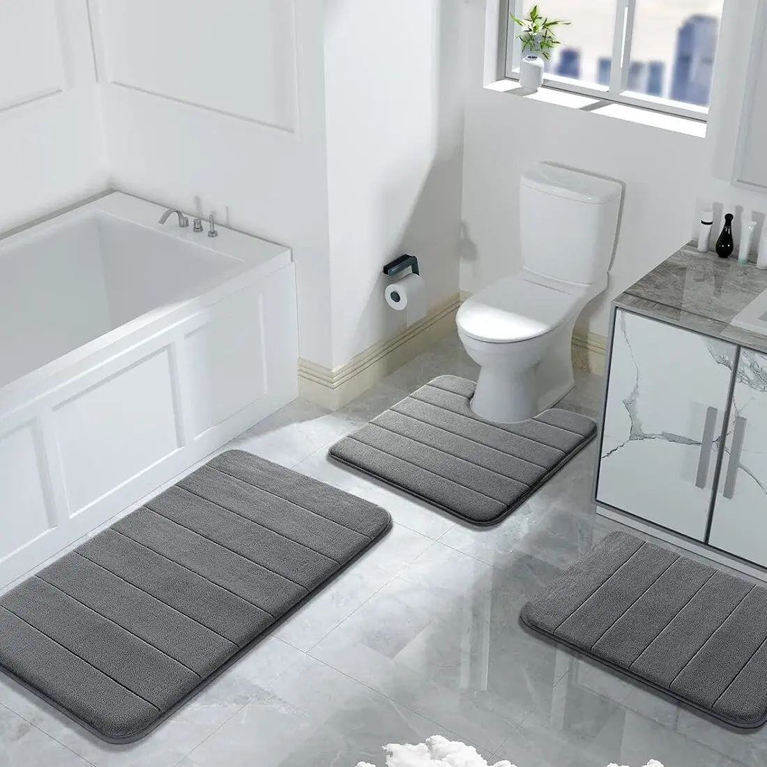 3-Piece Cotton Velvet Bathroom Set - Thick Contoured Bath Accessory, Non-Slip Memory Foam Pedestal Rug, Multi-Size Rectangle Laundry-Friendly Accessory, Grey, Three Pieces