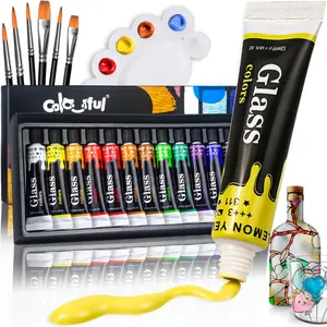 12/24 Colors 12ml,Colorful Acrylic Glass Paint Set with 6 Brushes, 1 Palette,  Stain Glass Paints for Wine Glass, Waterproof Acrylic Enamel Paint Kit to Create Translucent Arts on Porcelain, Window & Ceramic, Art Materials