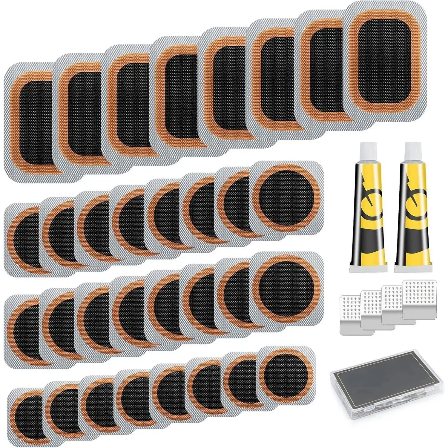 Portable Bike Tire Repair Kit with 32 Vulcanizing Patches, Stainless Steel Rasp & 3oz Case - Universal Inner Tube Patch Accessories for MTB, Road, BMX & Motorcycle, All Inflatable Rubber Tire Repair, 32 Patches