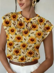 Women's Floral Bee Animal Print Round Neck Sweater, Casual Loose Fit Cap Sleeve Knit Top, Breathable Spring Summer Outer Vest
