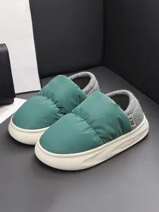 Men's Winter Home Slippers Waterproof Down Fabric One-Step Thick Non-Slip Warm Cotton Shoes, Comfortable Indoor Footwear