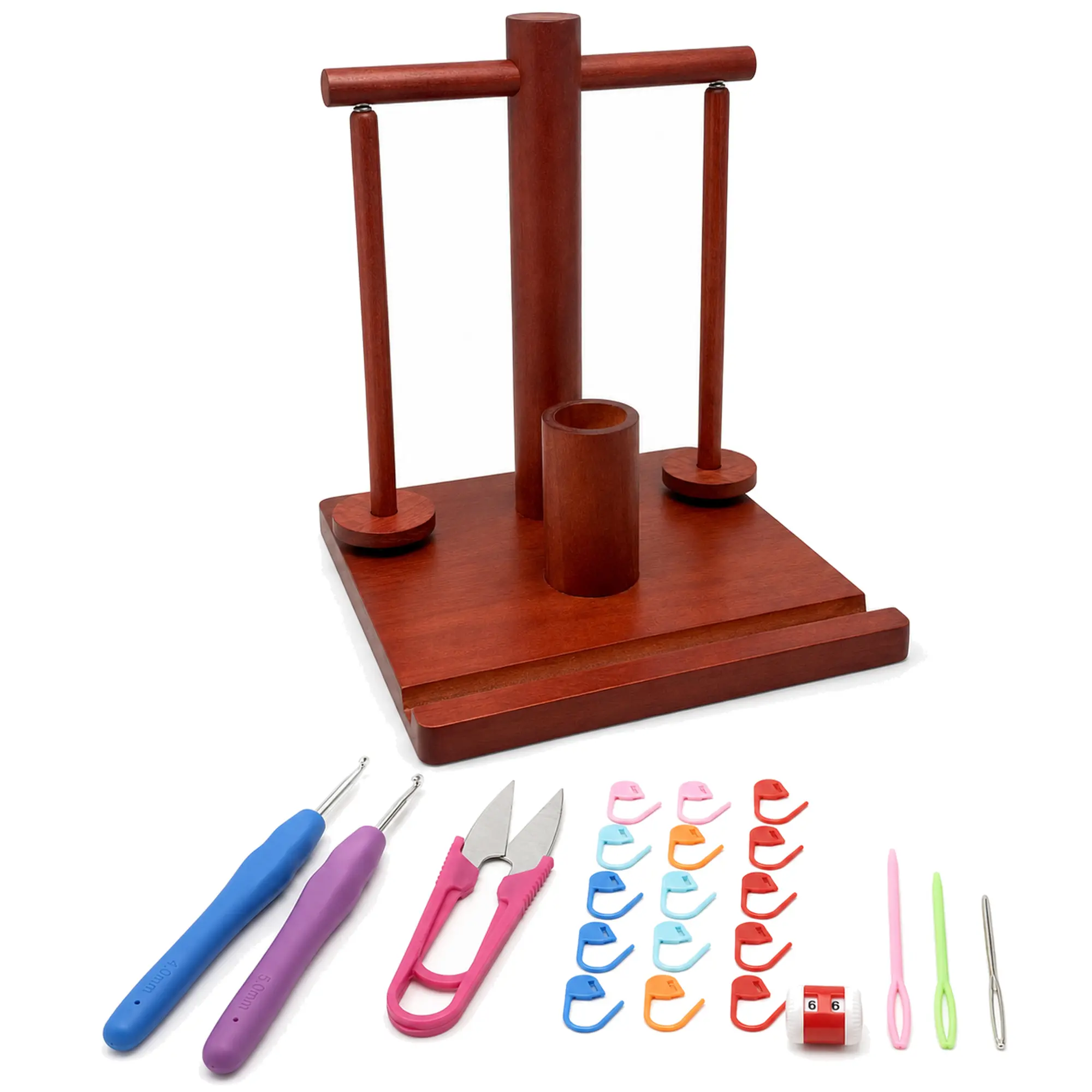 ECHOKRAFTS Wooden Yarn Holder for Crocheting & Knitting, Dual Spindle with Crochet Accessories