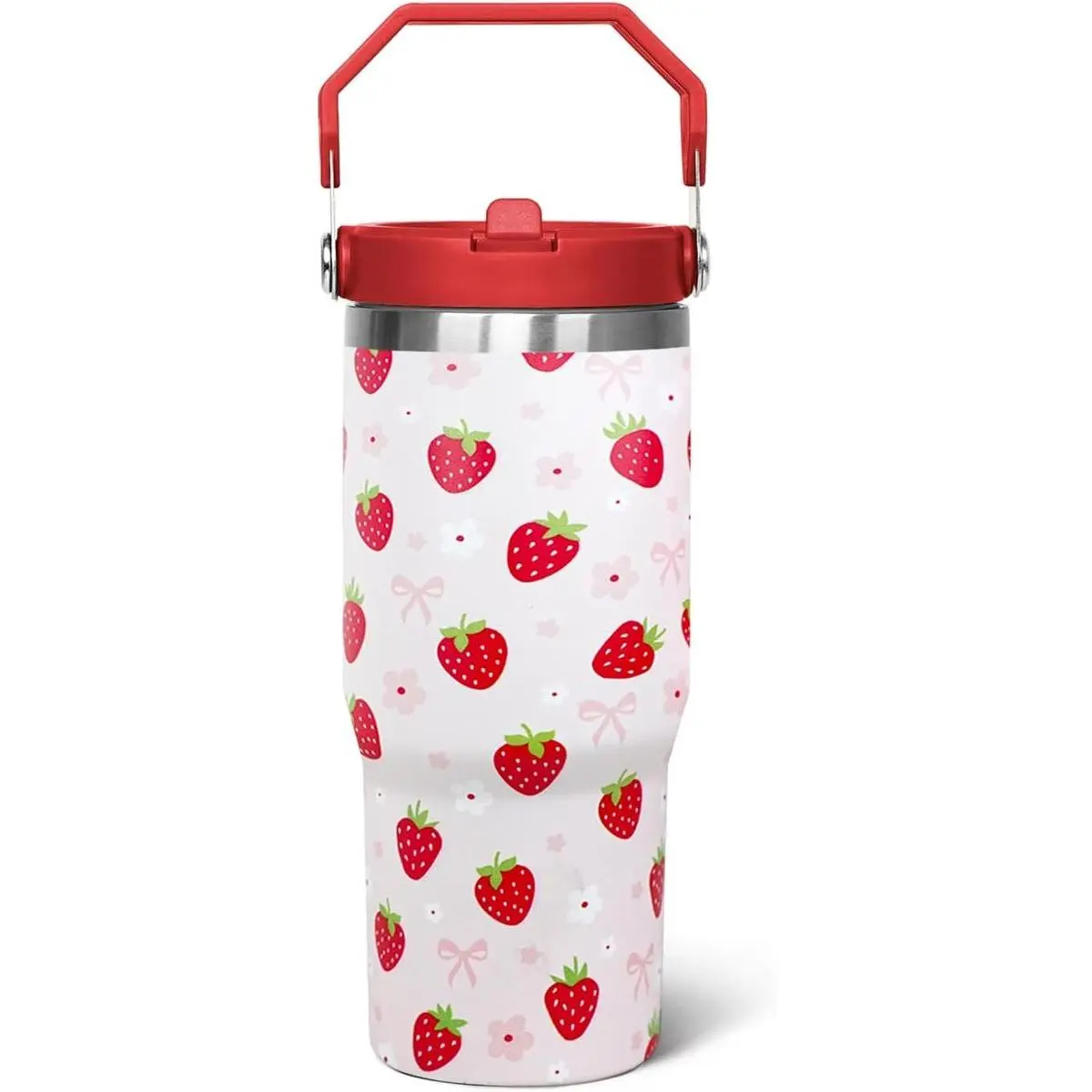 30oz Reusable Transparent Printed Strawberry Glass Flip Tumbler - Portable Kitchen Drinkware Water Bottle Mug with Handle, Lid, Straw, Floral Decor for Beverage, Holiday, Birthday Party Gift (For Women)