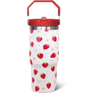 30oz Strawberry Flip Tumbler With Handle Lid and Straw,Strawberry Floral Coffee Mug Cup Water Bottles,Strawberry Themed Gifts for Women，Strawberry Decor Stuff Accessories