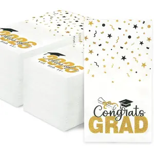 200 Pack Class of 2026 Graduation, Black Gold Disposable Congrats Grad Cocktail Paper Guest Dinner Hand Towels for 2026 High School University College Graduation Decorations