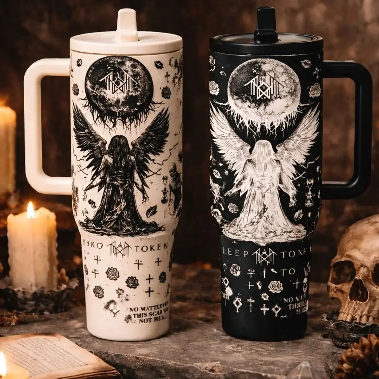 40 oz Sleep Token Insulated Gothic Fantasy Tumbler with Handle and Straw, Gothic Angel Moon Art Stainless Steel Vacuum Insulated Travel Mug, Large Capacity Car Coffee Thermos Keeps Drinks Hot or Cold for Hours