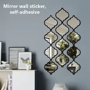 12pcs Set 3D Acrylic Mirror Wall Stickers for Home Decor, Living Room, Entryway, Bedroom, Bathroom Wall Decoration, Premium Moroccan-Style Combination Mirror Stickers, No-Drill Self-Adhesive Mirror Wall Decals