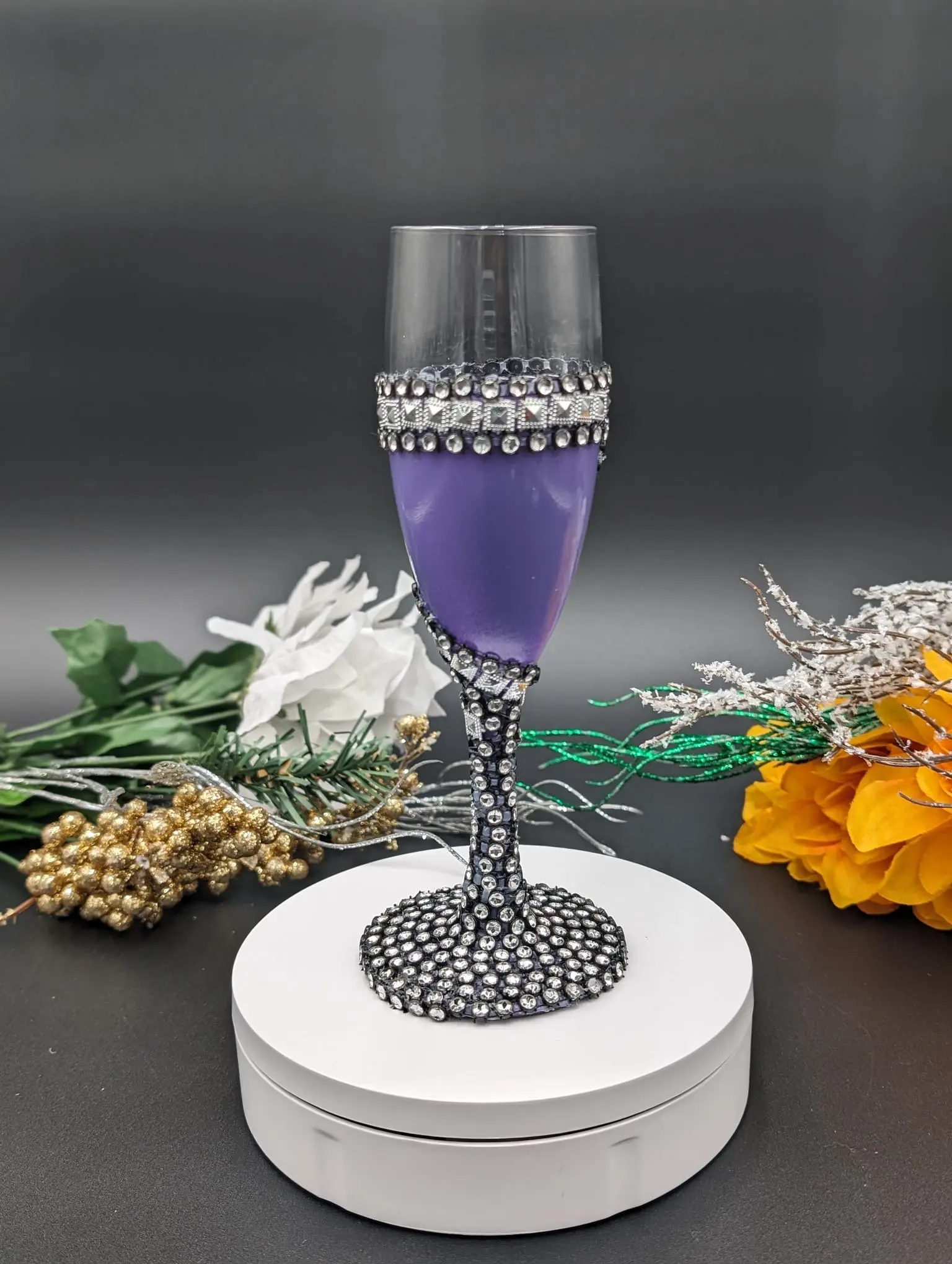 Lady In Stripe Purple Pair - Elegant Handcrafted Rhinestone Accent Glassware with Sparkling Crystal Accents & Princess Pink Champagne Base