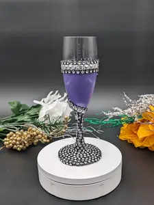 Lady In Stripe Purple Pair - Elegant Handcrafted Rhinestone Accent Glassware with Sparkling Crystal Accents & Princess Pink Champagne Base