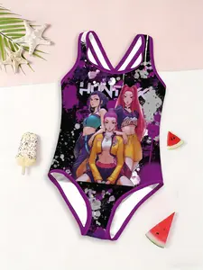 Girls' One-Piece Swimsuit Cartoon Trio Print Color-Blocked Swimwear Summer Beach Vacation Pool Wear