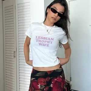 Lesbian Trophy Wife Baby Tee, Funny LGBTQ Graphic T-Shirt Women, Y2K Aesthetic Fitted Crop Top Pride Shirt Cute Gay Gift