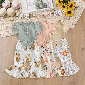 Newborn Baby Girl Clothes Infant Rib Frill Long Sleeve Romper Flared Pants Headband Set 3pcs Fall Winter Outfits