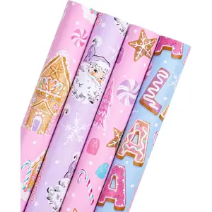 Christmas Wrapping Paper Roll - Pastel Pink Purple Gingerbread House and Santa Claus Design with Embossed - 4 Rolls - 30 Inch x 120 Inch Per Roll