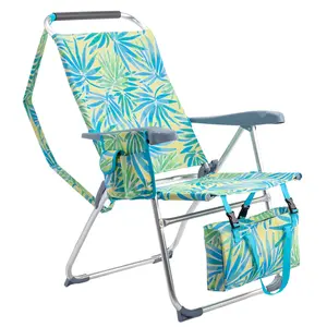 17" High Seat Folding Beach Chair with Hawaii Palm Print Aluminum 7-Position Recliner with Headrest & Storage Tote for Beach Camping Poolside Lounging