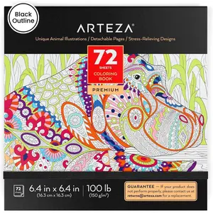 Coloring Book for Adults, 6.4 x 6.4 Inches, Animal Designs, 72 Sheets, 100 lb Paper, Detachable Pages, Black Outlines, Art Supplies for Relaxing, Reflecting, and Decompressing
