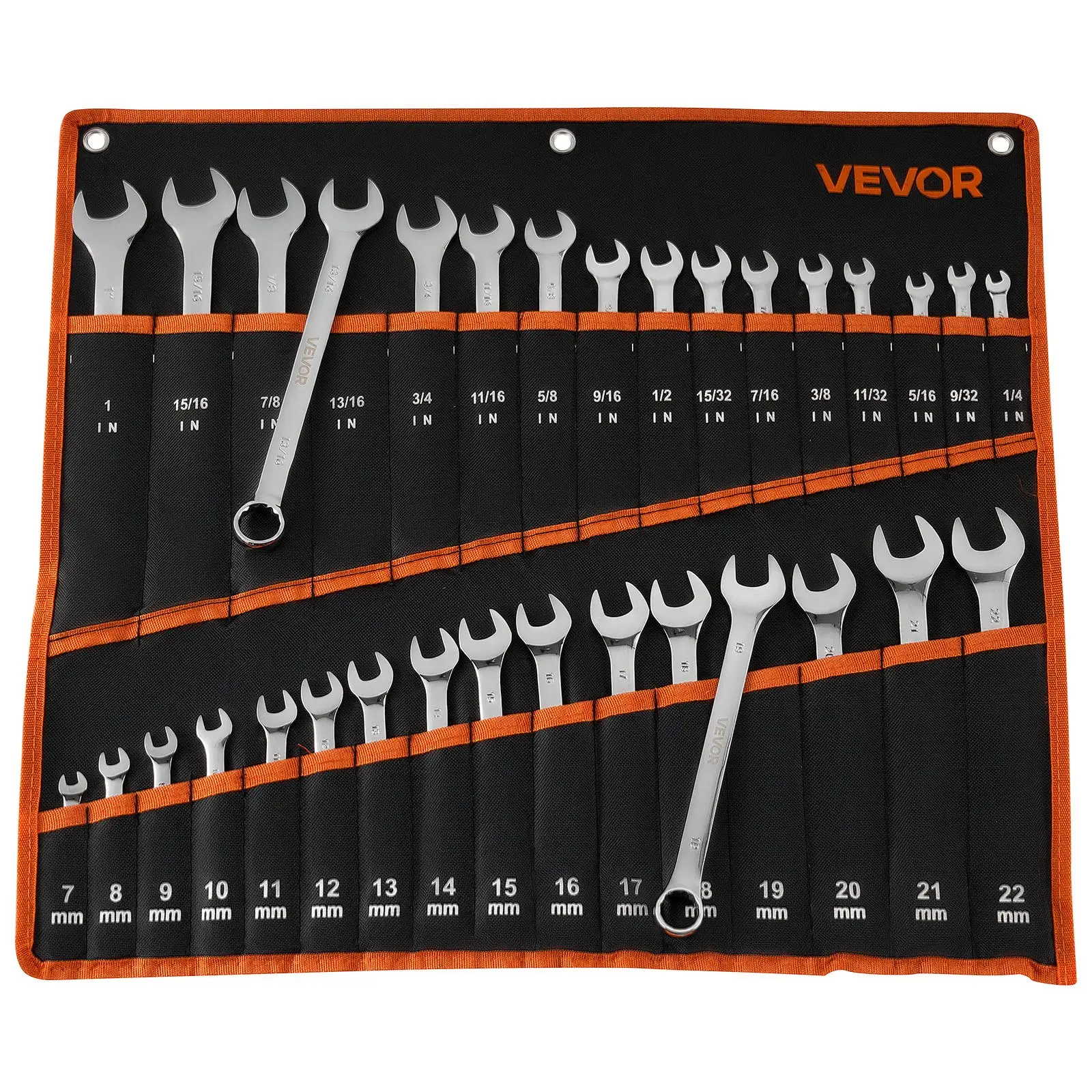 VEVOR 32-Pcs SAE/Metric Combination Wrench Set - Auto Repair Tools with 12-Point Box End, 15° Angled Ends, Rust Proof Carbon Steel, Roll Up Pouch, for Household Repairs, Father's Day Gift