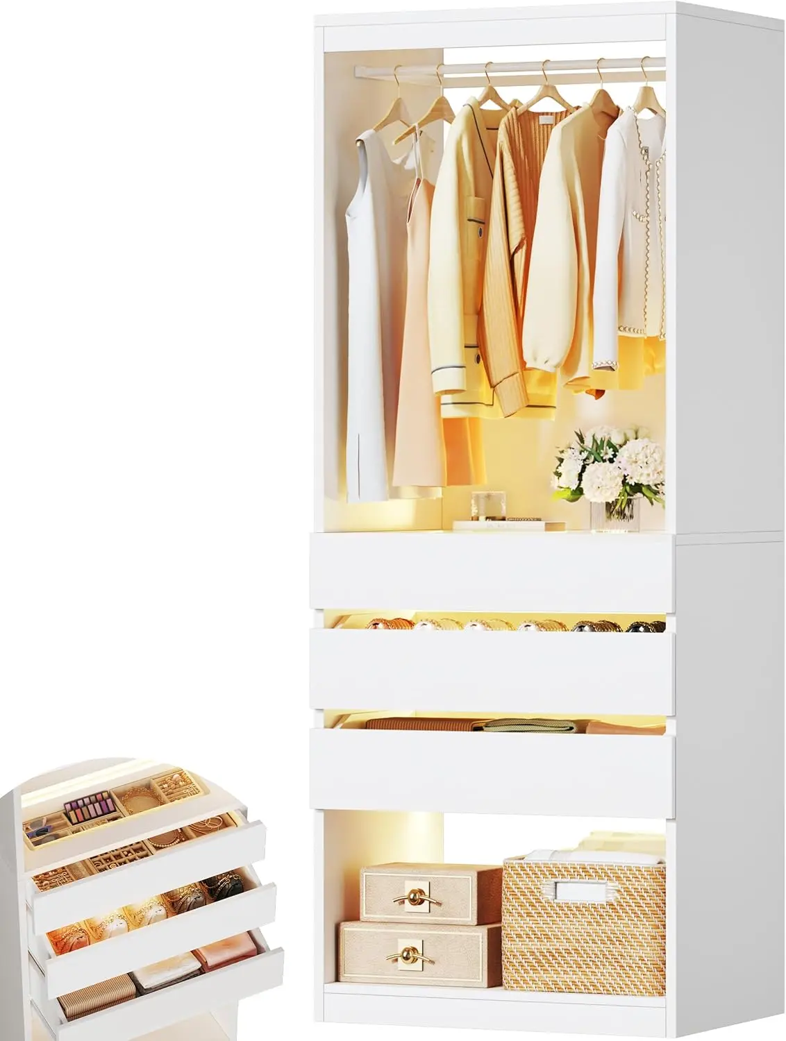 Freestanding 2FT Closet System with 3 Wood Drawers & Glasstop, 24" Closet Organizer System with Hanging Rod & LED Lights, Walk-in Closet Systems for Small Closets, White (24"L x 16" W x 80" H)