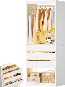 Freestanding 2FT Closet System with 3 Wood Drawers & Glasstop, 24" Closet Organizer System with Hanging Rod & LED Lights, Walk-in Closet Systems for Small Closets, White (24"L x 16" W x 80" H)