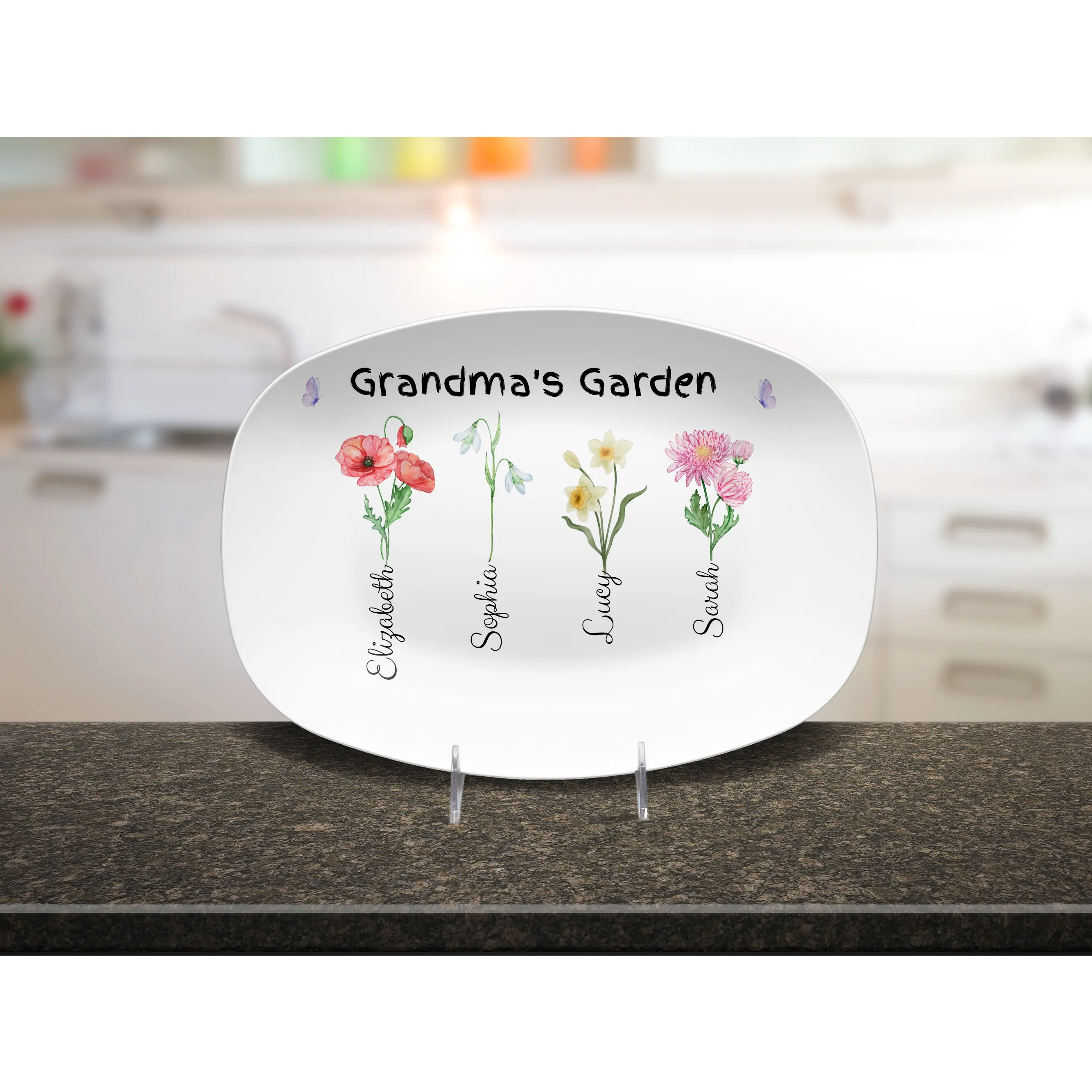 Decoplate Personalized Birth Flower Theme Platter - Custom Serving Platter for Grandma, Mama - Ideal for Family Birthday Gifting