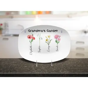 Decoplate Personalized Birth Flower Theme Platter - Custom Serving Platter for Grandma, Mama - Ideal for Family Birthday Gifting