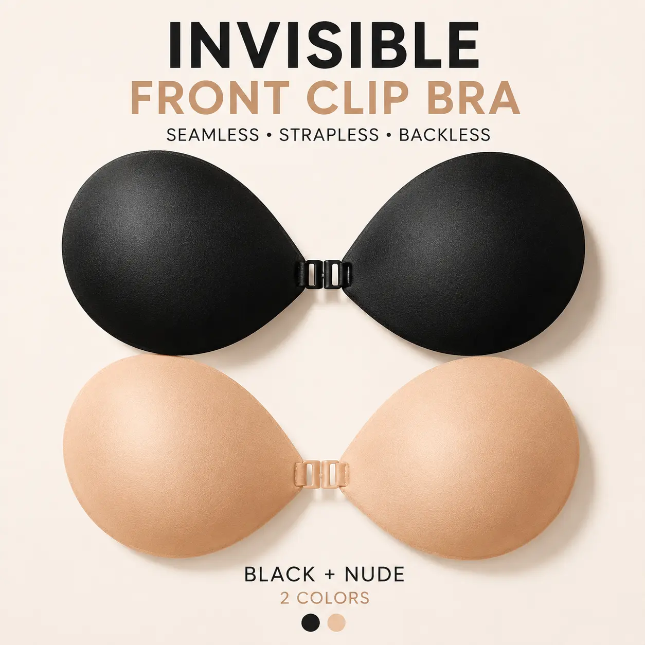 Front Buckle Self Adhesive Push Up Bra, Solid Invisible Strapless Backless Bra, Sweatproof Skin-Safe Reusable, Non-Slip All Day Fit for Wedding Bikini Daily Dresses, Fits A-D Cups | Value 4 Pairs