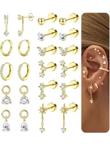 11 Pairs Hypoallergenic Flat Back Earrings Cartilage - Gold Silver Earring Stacks Surgical Stainless Steel Helix Tragus Conch Flatback Stud Hoop Earring Sets for Sensitive Ears Women Trendy Gift Earring Stacking Set