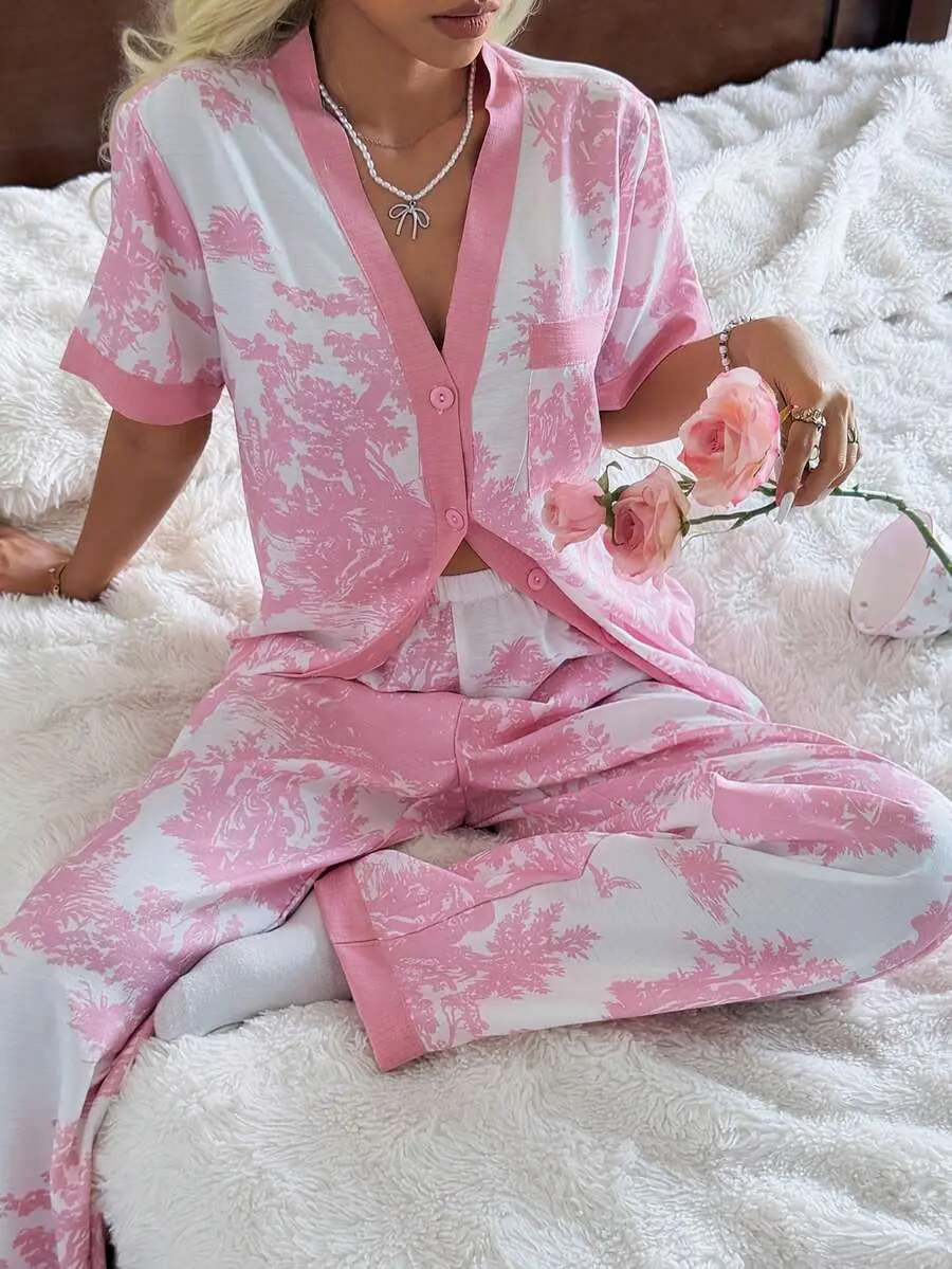 DAZY Women's Floral Print Color Block Short Sleeve Pajama Set, Spring/Summer