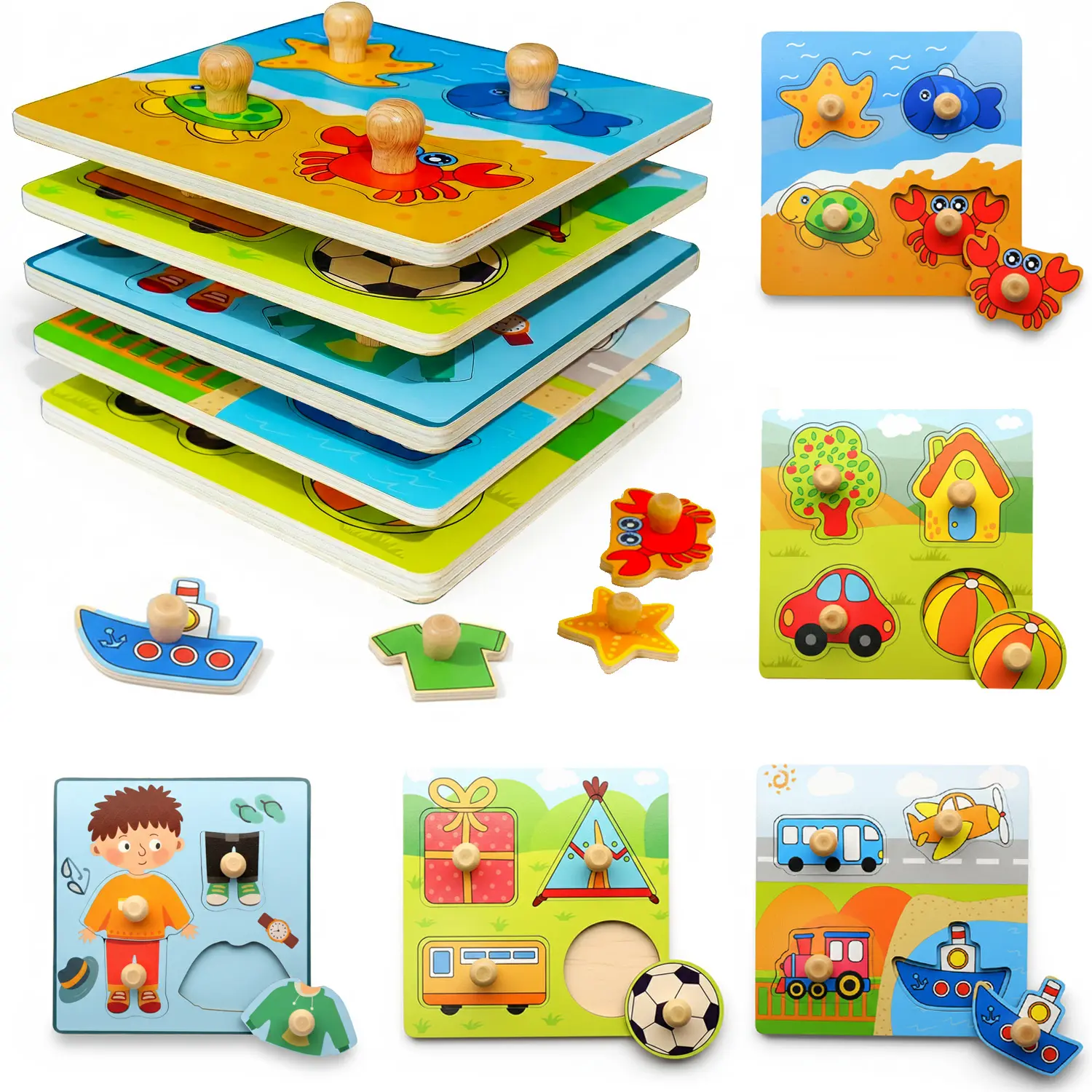 Wooden Montessori Peg Puzzle Set - 20pcs (5 Sets) Interactive Learning Flash Cards, Shape Sorting Game, Toddler Learning Activities for 3+ Year-Olds Educational Toys Gift with Alphabet, Number, Animal, Dinosaur, Vehicle Designs