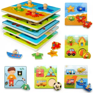 20pcs(5 set) Wooden Peg Puzzle, 5 Pack Puzzles Set for 3+ Years Old (Alphabet Number Shape Animal Dinosaur Vehicle), Preschool Education Learning Puzzle Toys for Girls and Boys