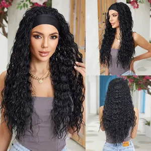 Adjustable One Size Wig Cap Synthetic Hair Full Wig Black Headband Deep Wave Wigs