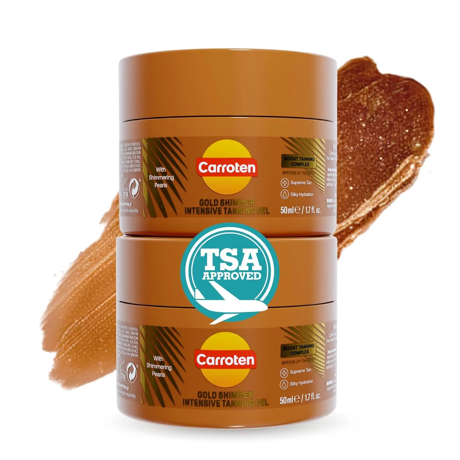Mini Gold Shimmer Tanning Gel | Travel Size Tan Accelerator & Body Bronzer | Non-Greasy Water-Resistant with Carrot & Coconut Oil | Vitamin A & E For Moisture & Hydration | 1.7 oz (2 Pack) Golden Body Care
