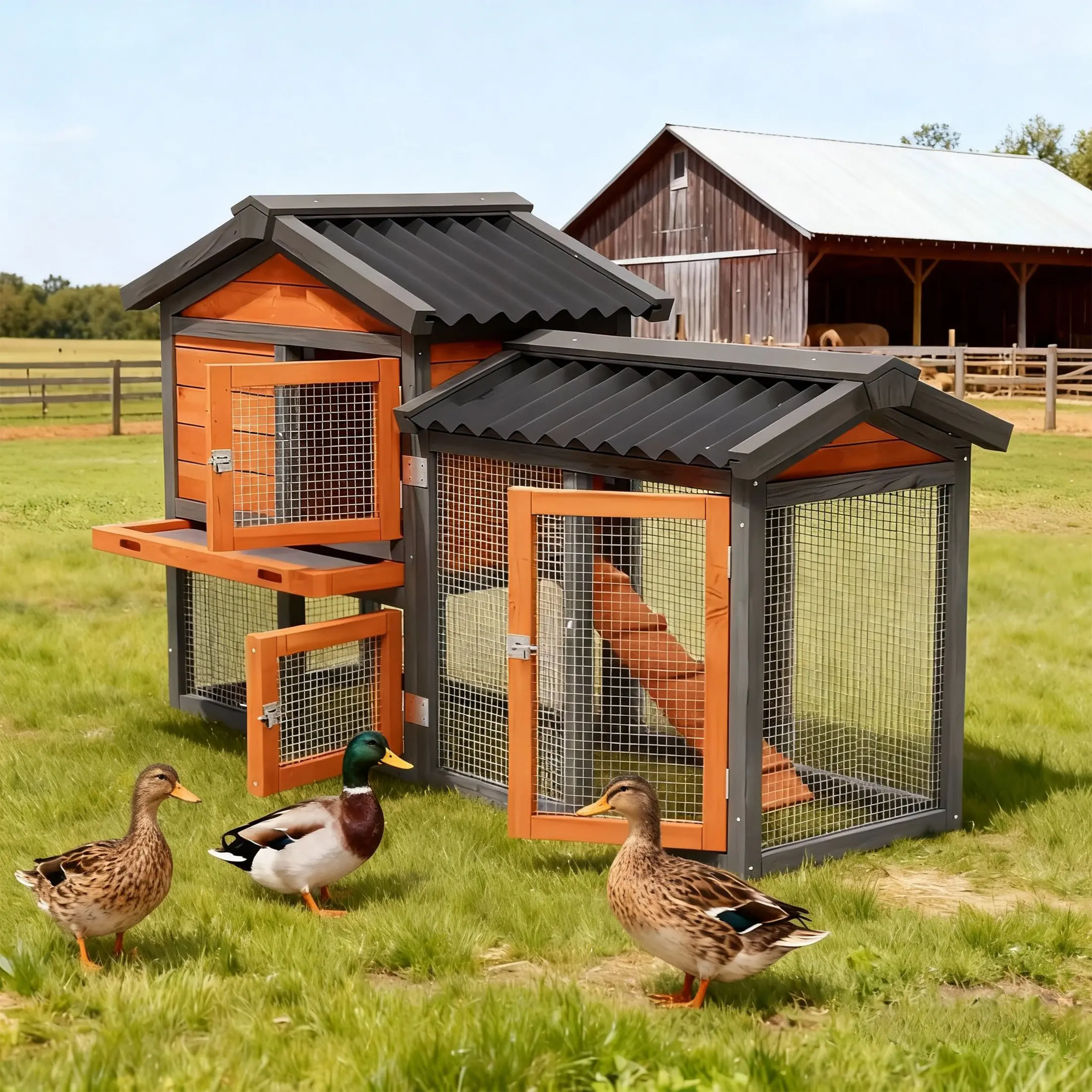 Outdoor 2 Story Duck Coop for 6 Ducks with Weatherproof Brooder Box, Indoor Rabbit Hutch with Tray, Orange
