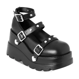 CYNLLIO Womens Mary Janes Goth Platform Sandals Elegant Punk Round Toe Chunky Block Wedge Heels Ankle Buckle Strap Rhinestone Heart Rivet Casual Pumps Shoes