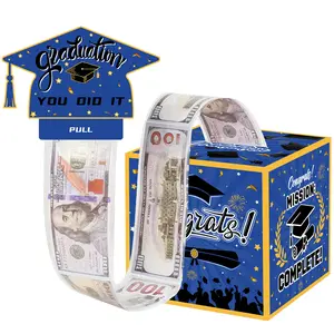 Blue Gold-Trimmed Graduation Cash Gift Box, Graduation Gifts, Fun Piggy Bank with 50 Transparent Bags for Kids & Adults, Unique Way to Gift Cash