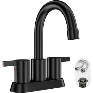 4 Inch 2 Handle Centerset Matte Black  Modern Bathroom Faucet, 360 Swivel Spout 2-3 Hole RV Bathroom  Sink Faucet with Pop Up Drain and Water  Lines,BF015-1-MB