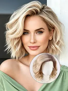 Short Wavy Ombre BLonde Lace Synthetic Wig, Side Part Bob Wig, 12 Inches Shoulder-Length Heat-Resistant Hair, Natural Looking, Daily Use, Party, Easy to Style, Fashionable