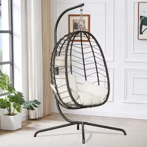 Valentine's Gift for Her   WTFGO  Two Piece Suit Outdoor and Indoor Universal PE Rattan Egg-shaped Hanging Chair with Stand, Adjustable Chain, Waterproof Cushion Swing Chair