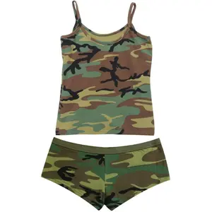 Wooldand Camo Booty Shorts & Tank Top Set Athletic Sexy Lounge Casual Wear Top & Bottom, Women's
